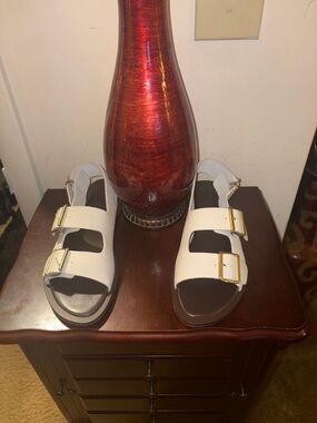 J. Crew White Double-Buckle Slingback Sandals with Gold Hardware